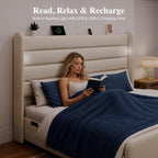 Queen Size Bed Frame with 59'' Tall Headboard with Readlight, White