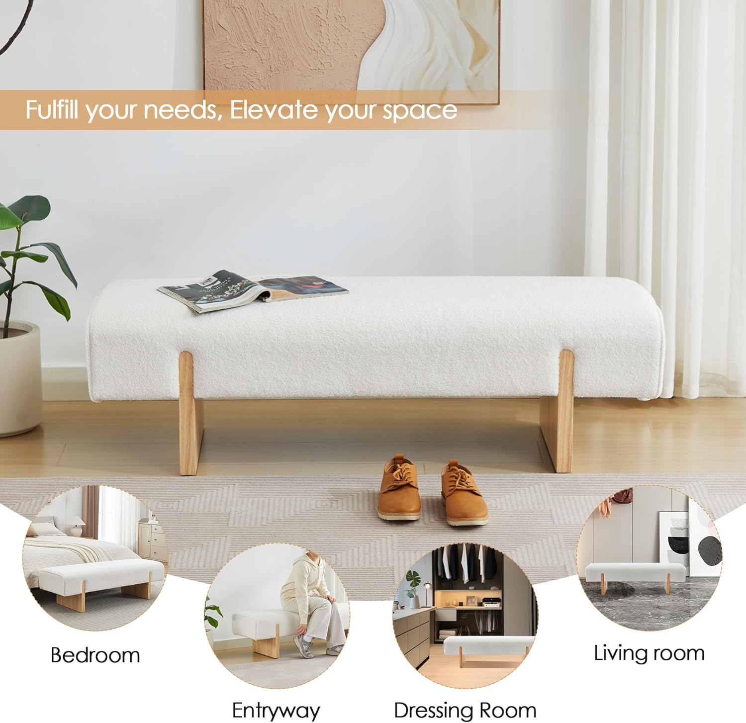 ONEVOG 55" End of Bed Bench with Upholstered Cushion & Natural Solid Wood Legs, Modern Long Ottoman Seat Foot Stool for Bedroom/Entryway/Living Room/Hallway, Support 450lbs, Boucle Fabric, White