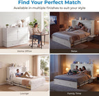 Mjkone Murphy Bed Cabinet Queen with Tri-Fold Mattress Included & USB Charging Station, Modern Versatile Solid Wood Chest Cabinet Wall Bed with Drawers, Adult Guest Beds for Apartment Bedroom - White