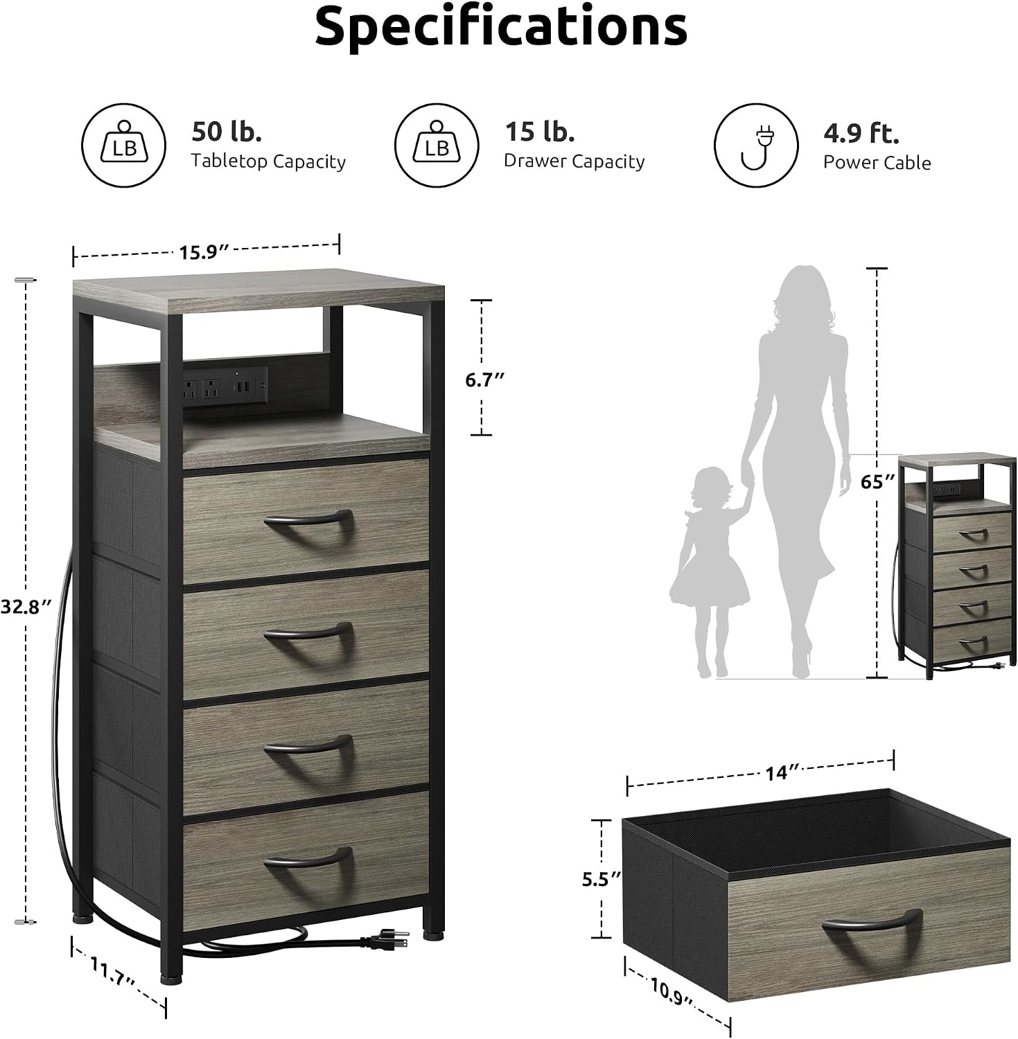 Lazzanto Night Stand with Charger Station, 4 Fabric Drawers, Grey | Nightstand, Bedside Table, Open Shelf, Built in USB-A, USB-C Port & AC Outlets, For Bedroom, Dorm, Living Room