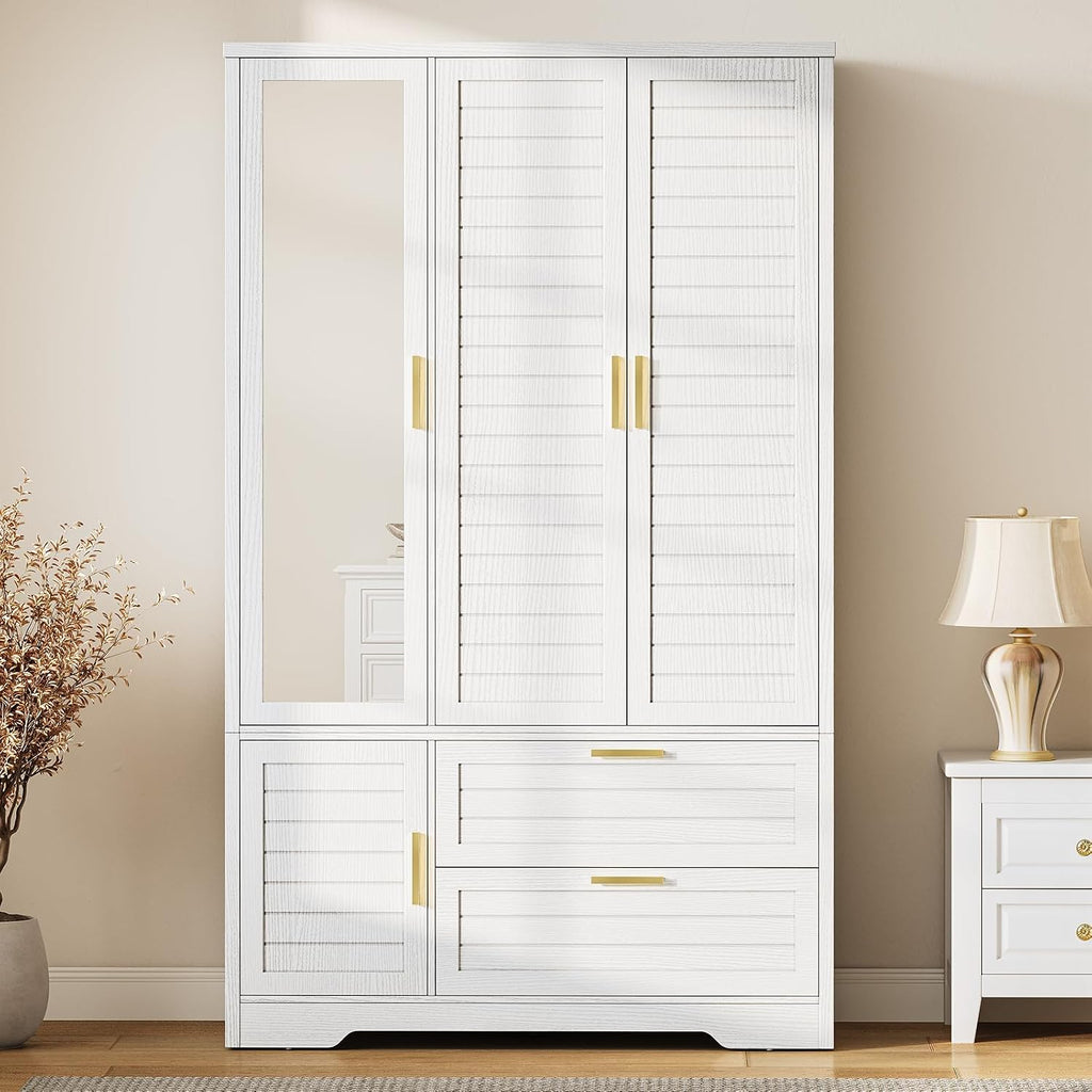 Armoire Wardrobe Closet with Mirror - 71“ Wood Clothing Storage Cabinet, Wardrobe Closet with Doors & 2 Drawers, Freestanding Bedroom Armoires and Wardrobes for Hanging Clothes, 3 Doors, White
