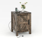 Takywep 18 Inch Nightstand with Charging Station, Farmhouse Wooden Bedside Table with Barn Door and Adjustable Shelf, 2-Tier End Table for Bedroom Living Room, Dark Brown