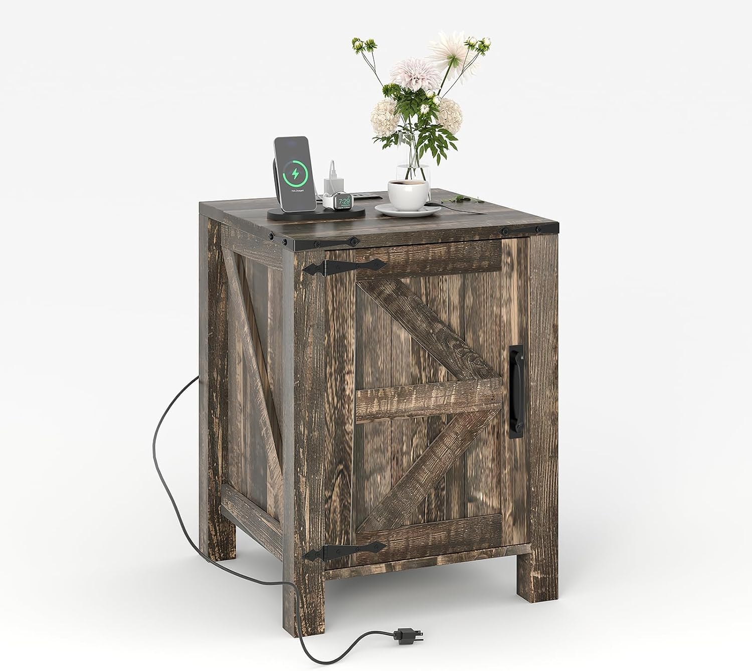 Takywep 18 Inch Nightstand with Charging Station, Farmhouse Wooden Bedside Table with Barn Door and Adjustable Shelf, 2-Tier End Table for Bedroom Living Room, Dark Brown