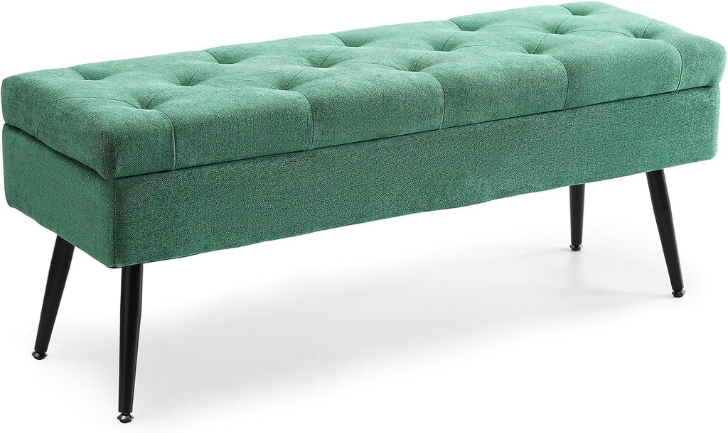 Storage Ottoman Long Upholstered Entryway Bench, 43.5" Fabric Green | Large Flip-Top Entry Shoe Bench Dining Seat for Living Room Bedroom End of Bed Couch, Support 660lbs, Faux Leather
