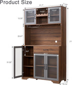 Fatmok 71" Tall Pantry Cabinet with Glass Doors, Kitchen Hutch Storage Cabinet, Coffee Bar & Liquor Cabinet with Charging Station & LED Lights, Wine Rack, Adjustable Shelves＆Large Drawer, Brown