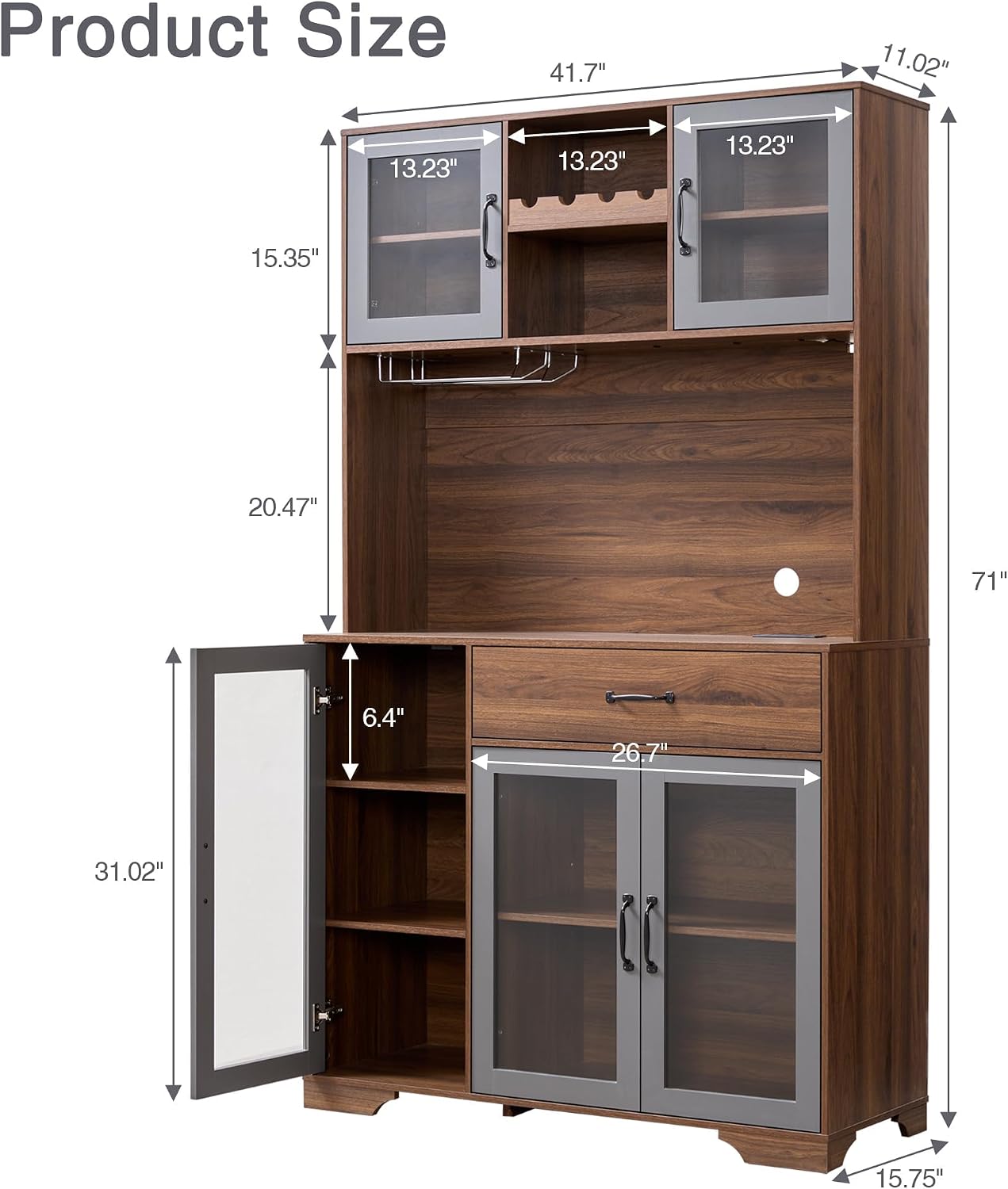 Fatmok 71" Tall Pantry Cabinet with Glass Doors, Kitchen Hutch Storage Cabinet, Coffee Bar & Liquor Cabinet with Charging Station & LED Lights, Wine Rack, Adjustable Shelves＆Large Drawer, Brown