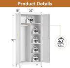 Polup 71" Tall Metal Armoire Wardrobe Closet with Doors and Lock | Wardrobe Cabinet, Hanging Rod, 3 Adjustable Shelves, Steel Clothing Storage Cabinet for Bedroom, Office, Employee, Gym, White