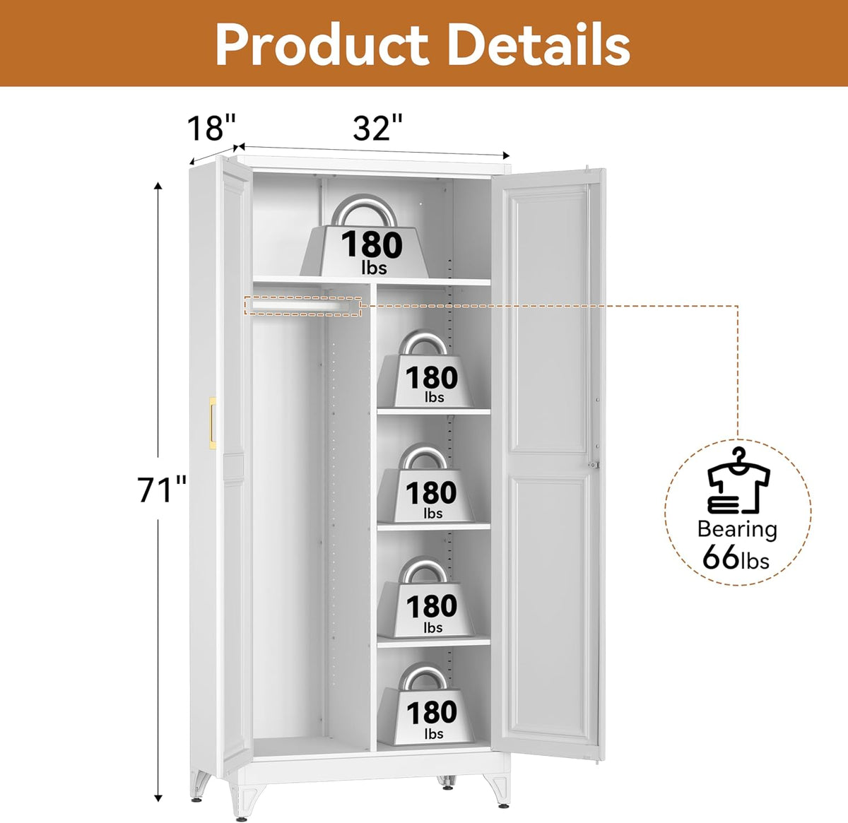 Polup 71" Tall Metal Armoire Wardrobe Closet with Doors and Lock | Wardrobe Cabinet, Hanging Rod, 3 Adjustable Shelves, Steel Clothing Storage Cabinet for Bedroom, Office, Employee, Gym, White