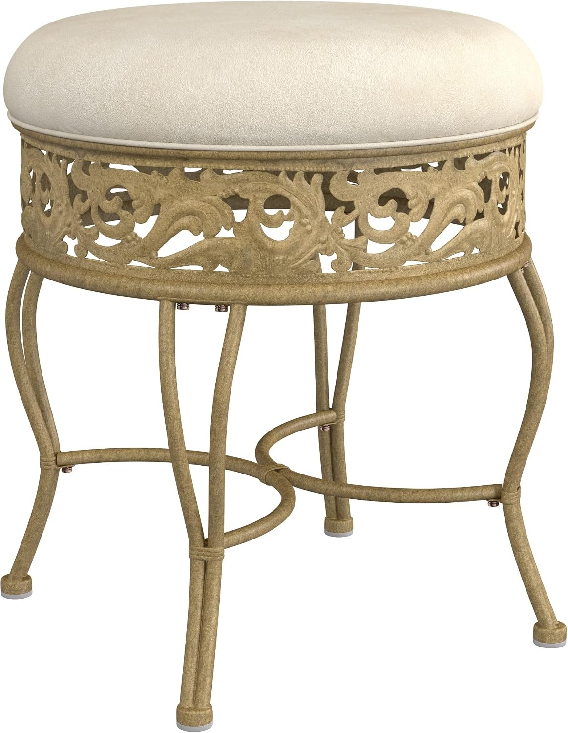 Hillsdale Villa III Backless Metal Vanity Stool with Ornate Lattice Detailing, Antique Beige