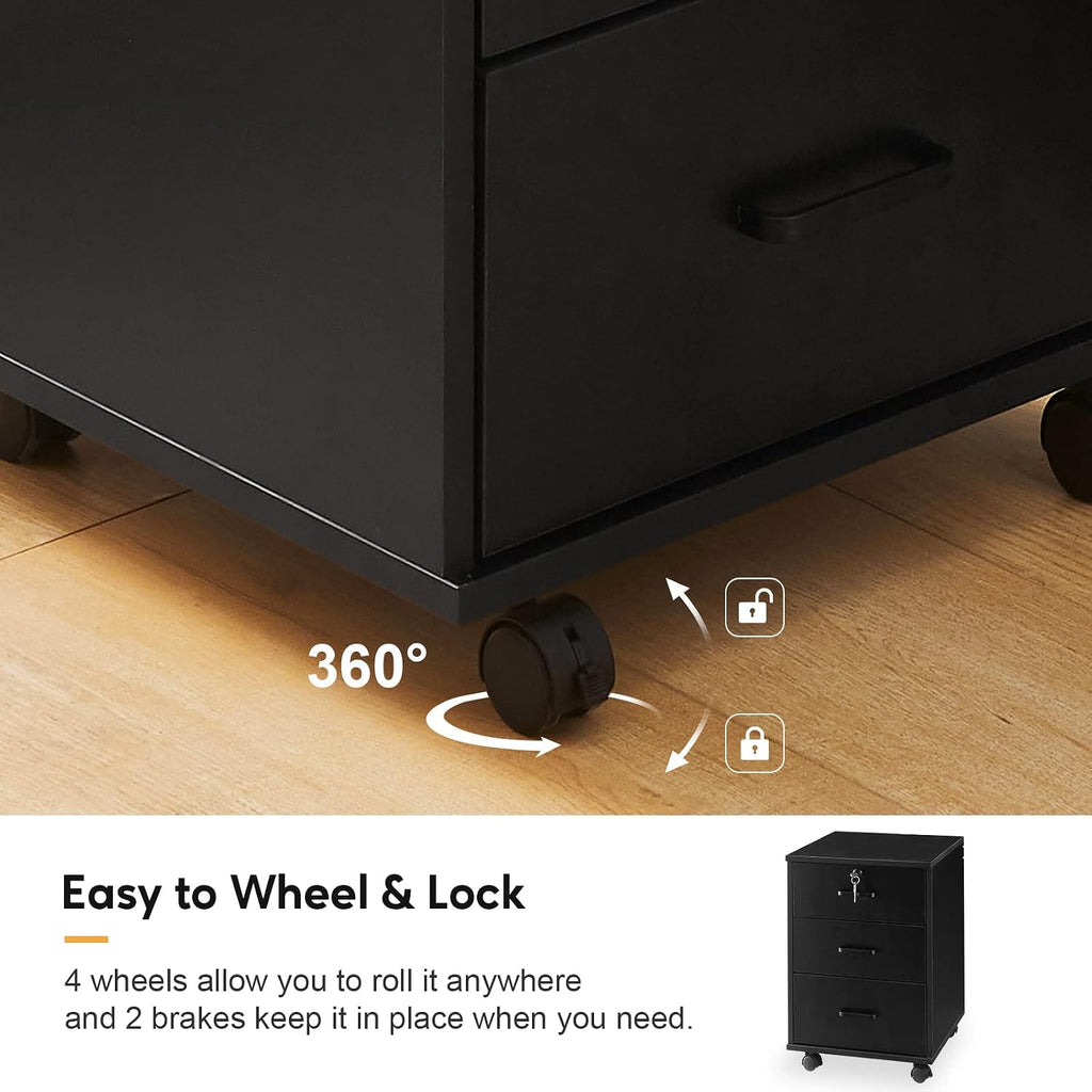 TUKAILAi Mobile File Cabinet with 3 Drawers, Lockable Storage Unit Wooden Rolling Office Filing Cabinet with Wheels, for Legal/Letter/A4 Sized Documents Home Office (Black 2PCS)
