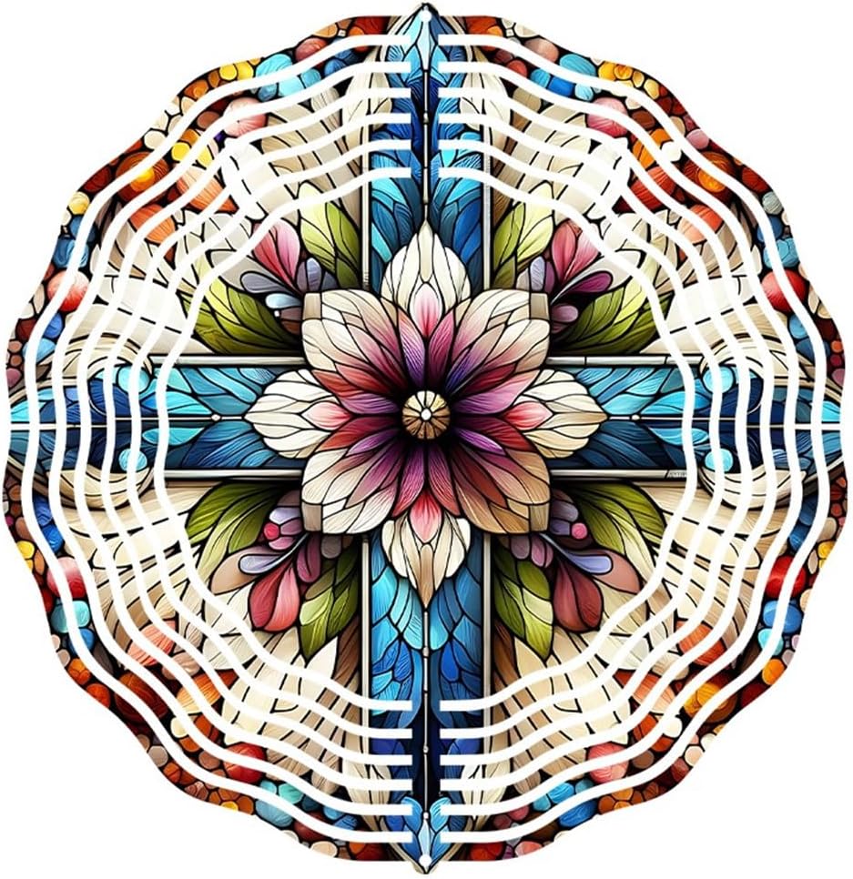 Cross Wind Spinner, Metal Wind Spinners Outdoor/Indoor, Cross Flower Hanging Garden Decor for Outside, Stainless Wind Spinners for Yard and Garden 10 inch 3D (25.76X25 CM)