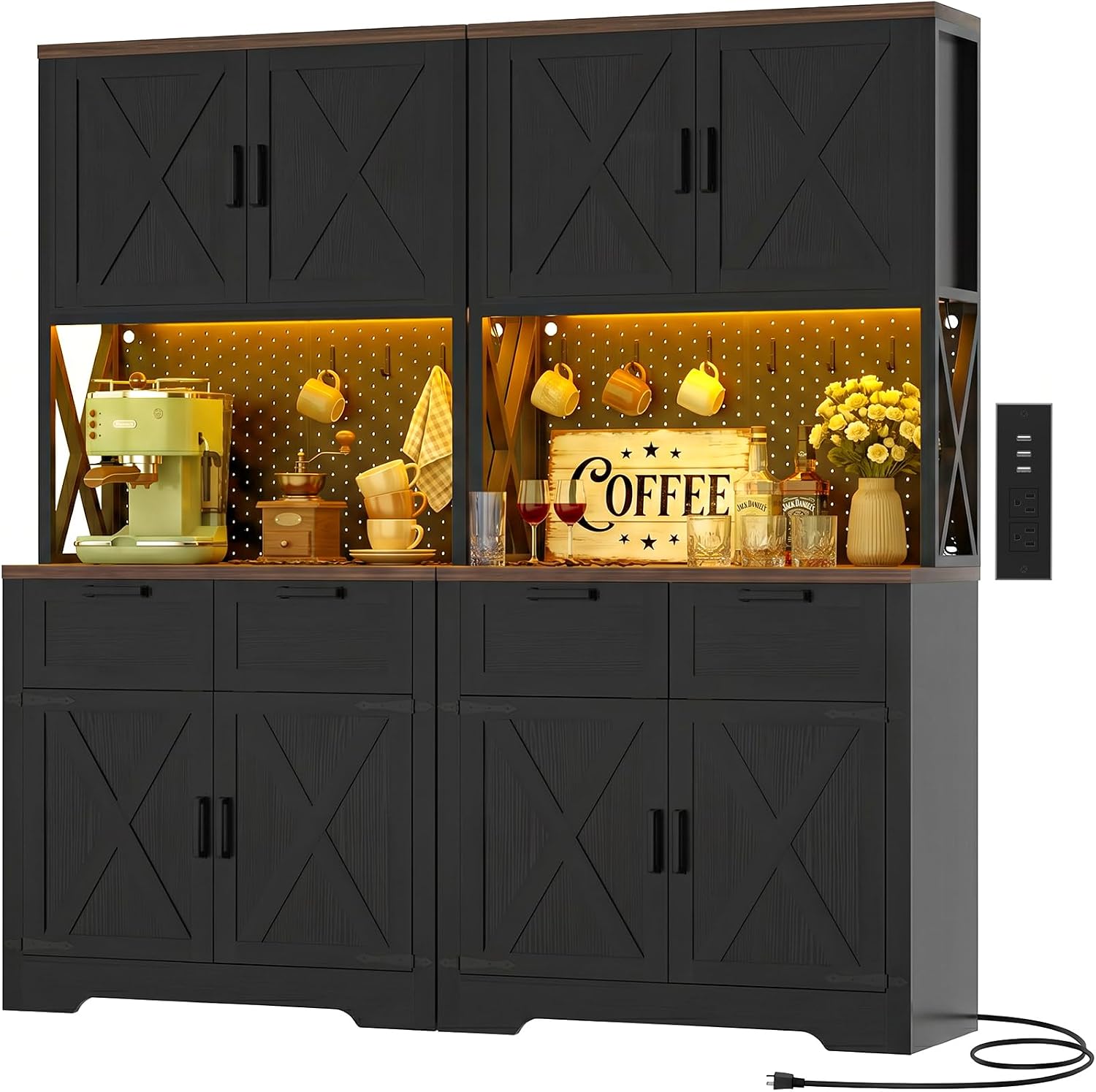 Unikito 71" Tall Kitchen Pantry Storage Cabinet with LED Light, Black | 63" Wide, Microwave Countertop, Power Charging Station, Large Hutch Cabinet with Drawers, Home Unit for Dining Room