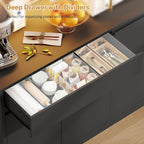 TEENFON Pantry Cabinet with Charging Station and LED Light, Kitchen Pantry Cabinet with Microwave Stand, Kitchen Storage Cabinets with Adjustable Shelves and Door Shelves for Dining Room, Black