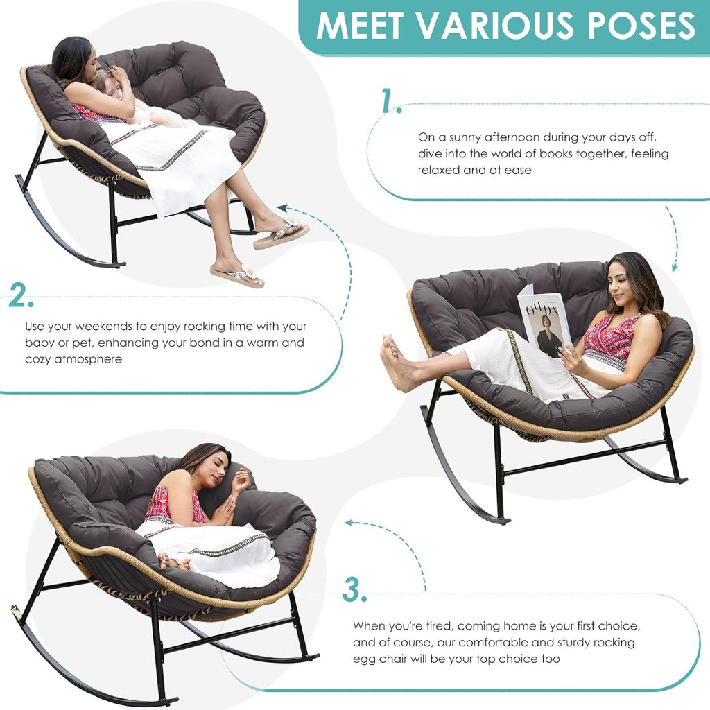 RADIATA Outdoor Papasan Rocking Chair with Cushion, Oversized Patio Lounge Rocker, All Weather PE Wicker Comfy Egg Rocking Chairs, 450 lbs Heavy Duty Recliner Glider for Balcony, Porch, Garden, Grey