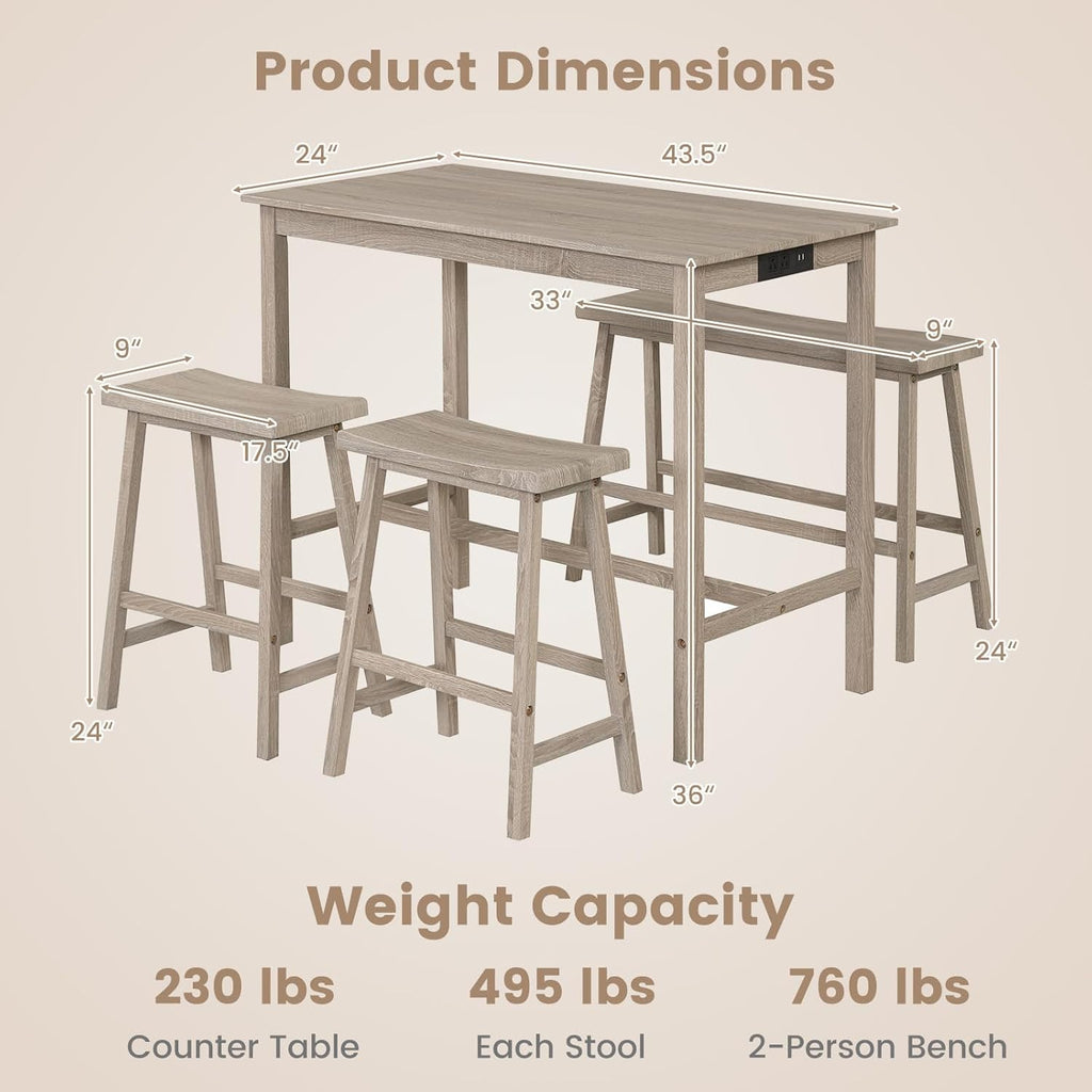 Giantex 4-Piece Counter Height Dining Table Set with Power Outlet, Solid Rubber Wood Kitchen Table with Saddle Backless Bench & 2 Stools, Space-Saving Bar Table Set for Breakfast Nook (Light Gray)