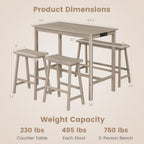Giantex 4-Piece Counter Height Dining Table Set with Power Outlet, Solid Rubber Wood Kitchen Table with Saddle Backless Bench & 2 Stools, Space-Saving Bar Table Set for Breakfast Nook (Light Gray)