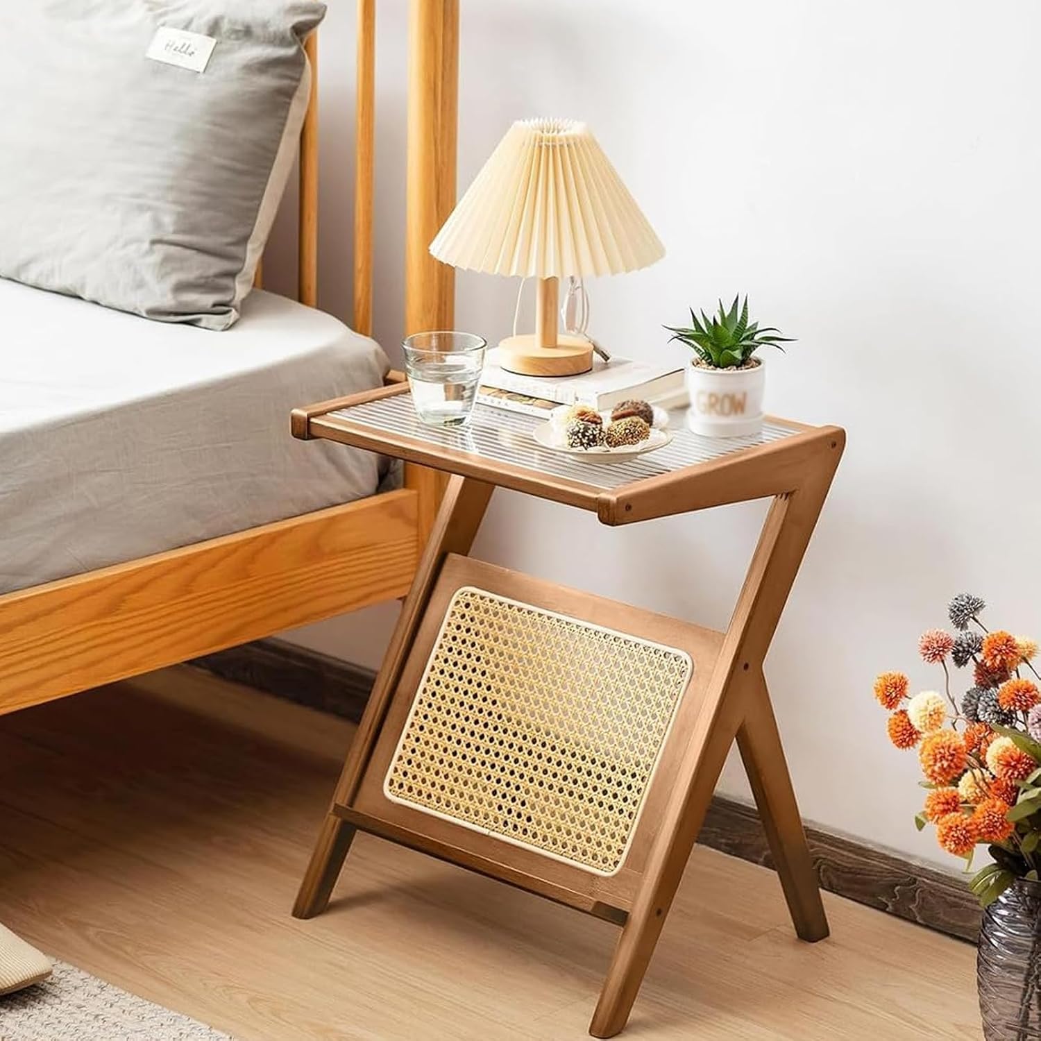 Z Shaped End Table, Wooden Coffee Tables with Storage,Boho Wooden End Table,Side Tables Living Room with Glass Top & Magazine Rack for Bedroom,Couch,Small Space,Yellow,45 * 37 * 56cm