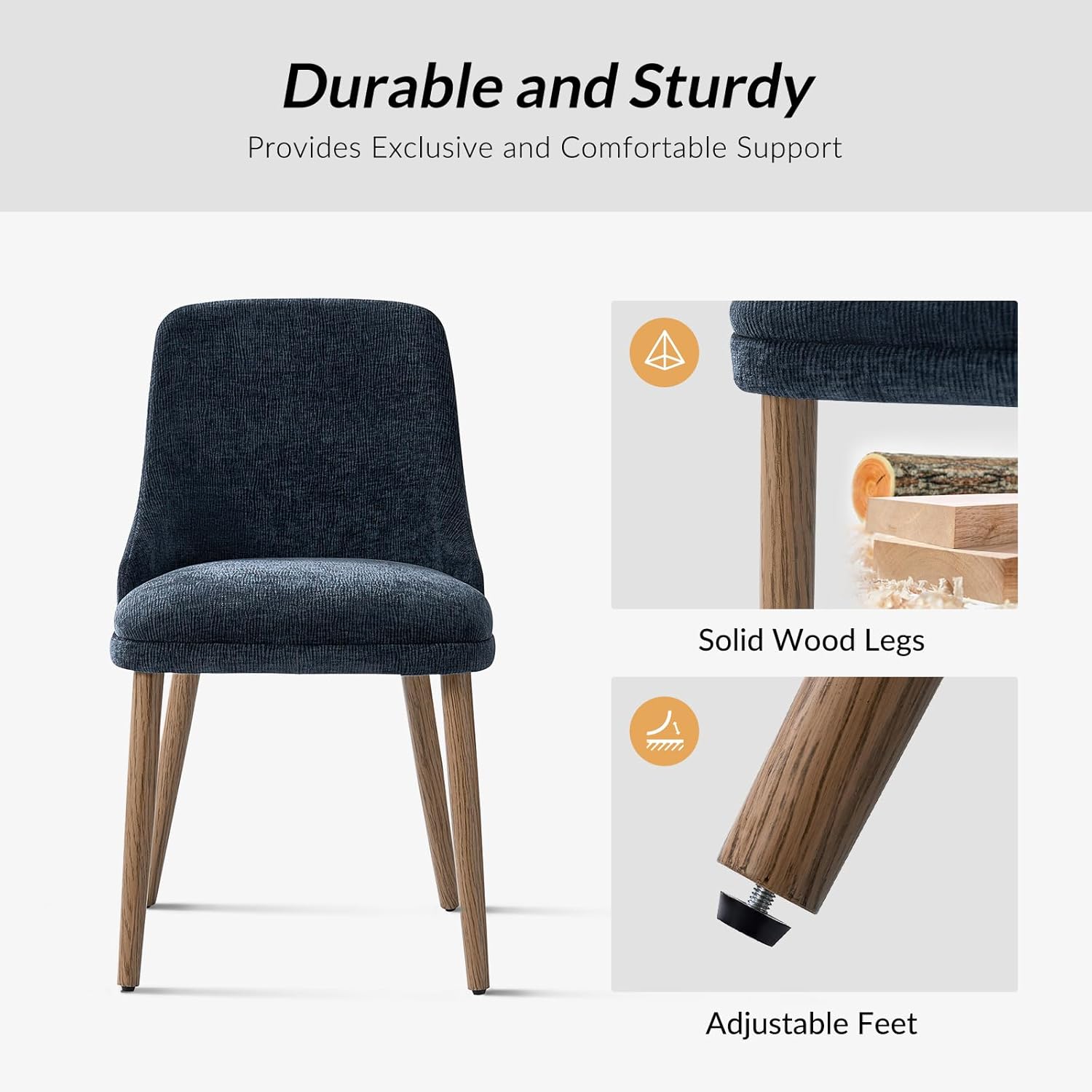 HULALA HOME Dining Chairs Set of 2, Navy Fabric Upholstered Dining Room Chairs Set with Solid Wood Legs, Paded Back, Modern Kitchen Accent Chairs for Living Room Bedroom Reception