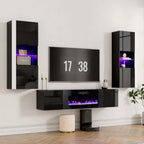 AMERLIFE Wall Unit Entertainment Center with 40" Electric Fireplace, Includes 80" Floating Fireplace TV Stand, 2 x Wall Cabinets, Modern LED Light Media Console Table for Living Room, Black