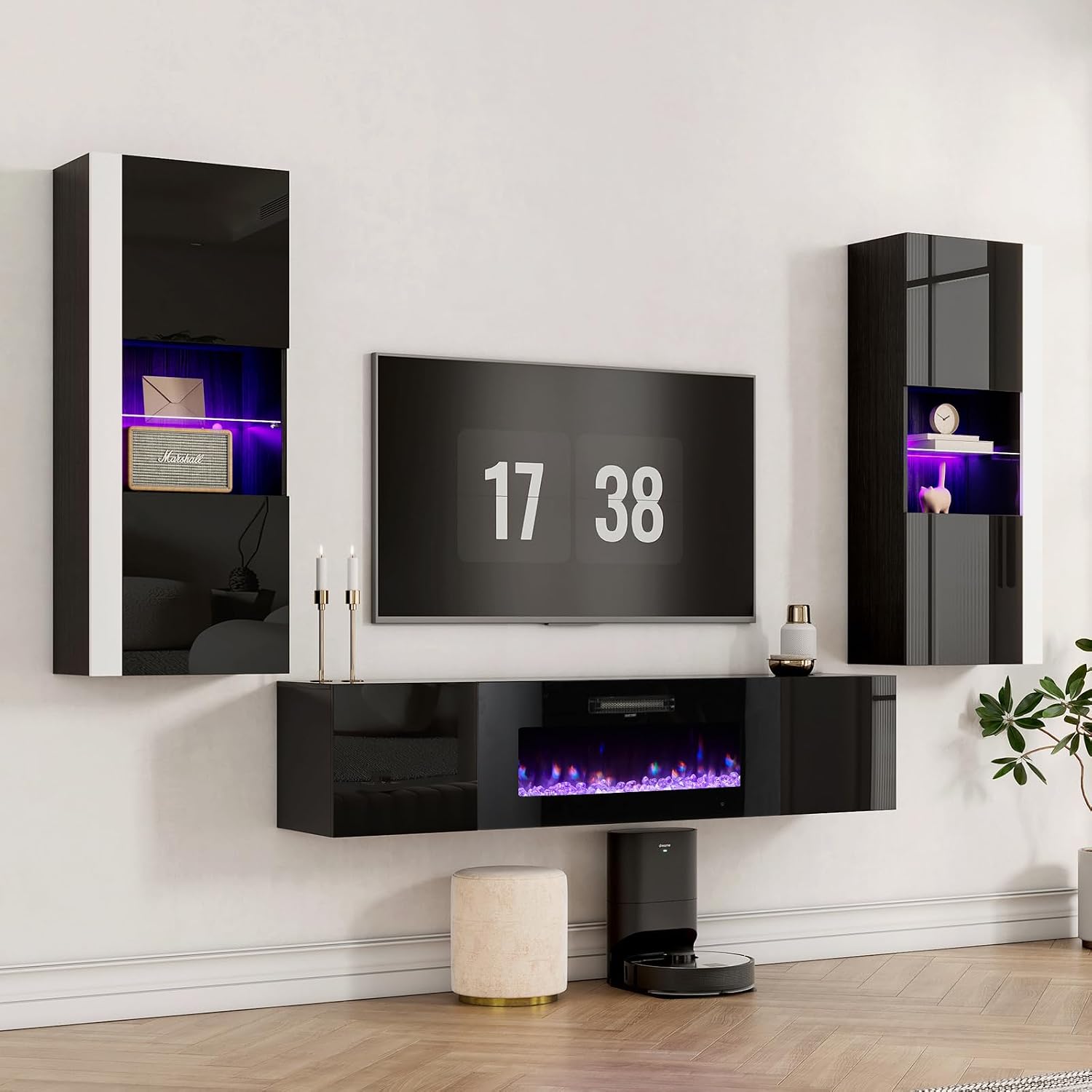 AMERLIFE Wall Unit Entertainment Center with 40" Electric Fireplace, Includes 80" Floating Fireplace TV Stand, 2 x Wall Cabinets, Modern LED Light Media Console Table for Living Room, Black