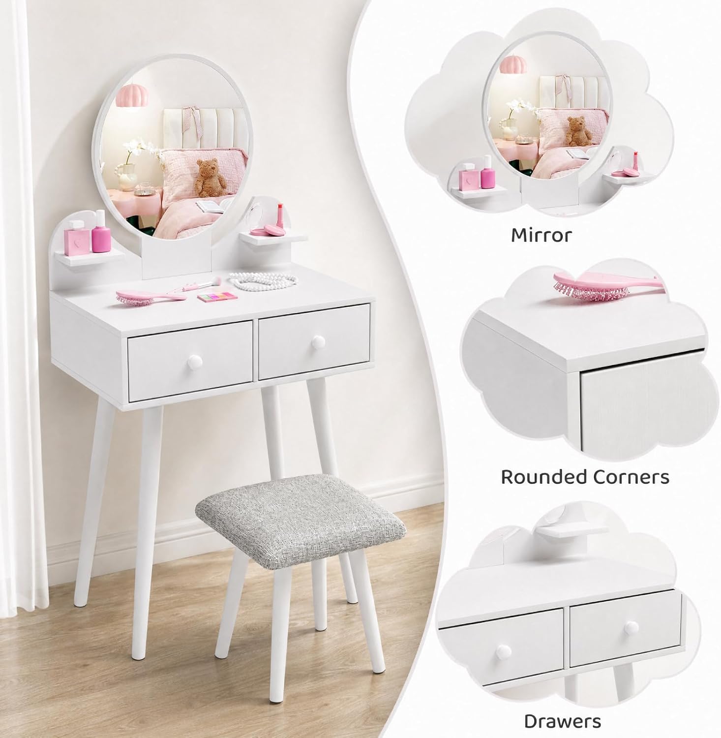 Arlopu Kids Vanity Table and Chair Set, 2 in 1 Girls Makeup Dressing Desk | with Detachable Large Mirror and Stool, Drawers, Shelves, Princess Wooden Pretend Play Toys for Little Girls (White)