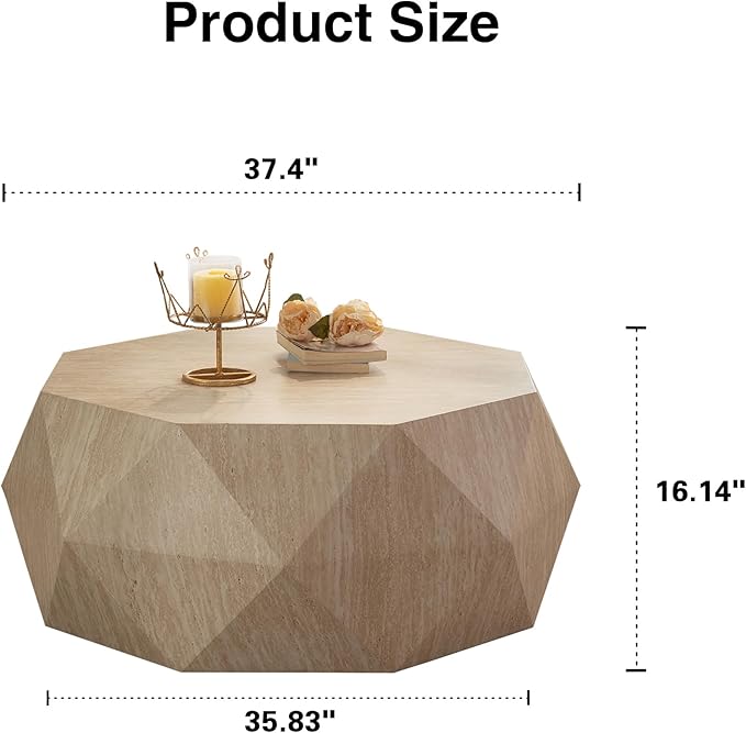 WILLIAMSPACE 37.4" Drum Coffee Table with Mars Pattern for Living Room, Modern Farmhouse Wood Center Table with Faceted Diamond, Mid Century End Side Table for Apartment, 37.4" x 35.83" x 16.14"H