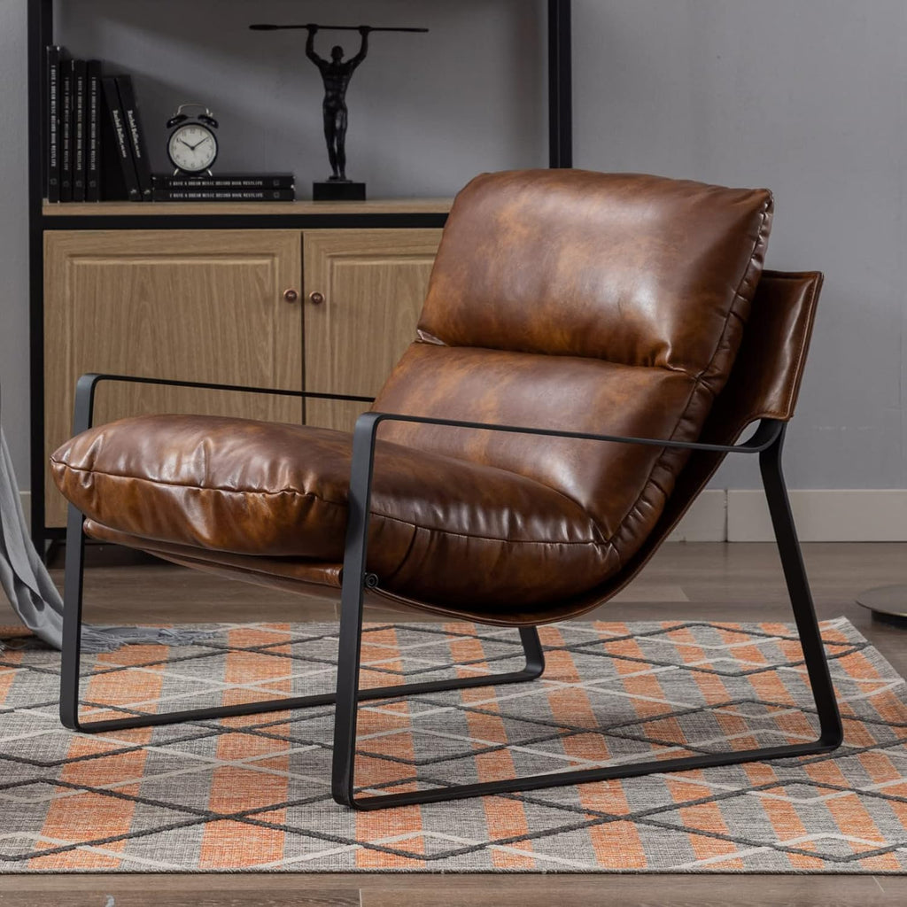 LukeAlon Modern PU Leather Accent Armchair, Black | Pu Leather Upholstered Living Room Chair With Metal Base & Thickened Cushion, Comfy Single Lounge Sofa for Bedroom, Office