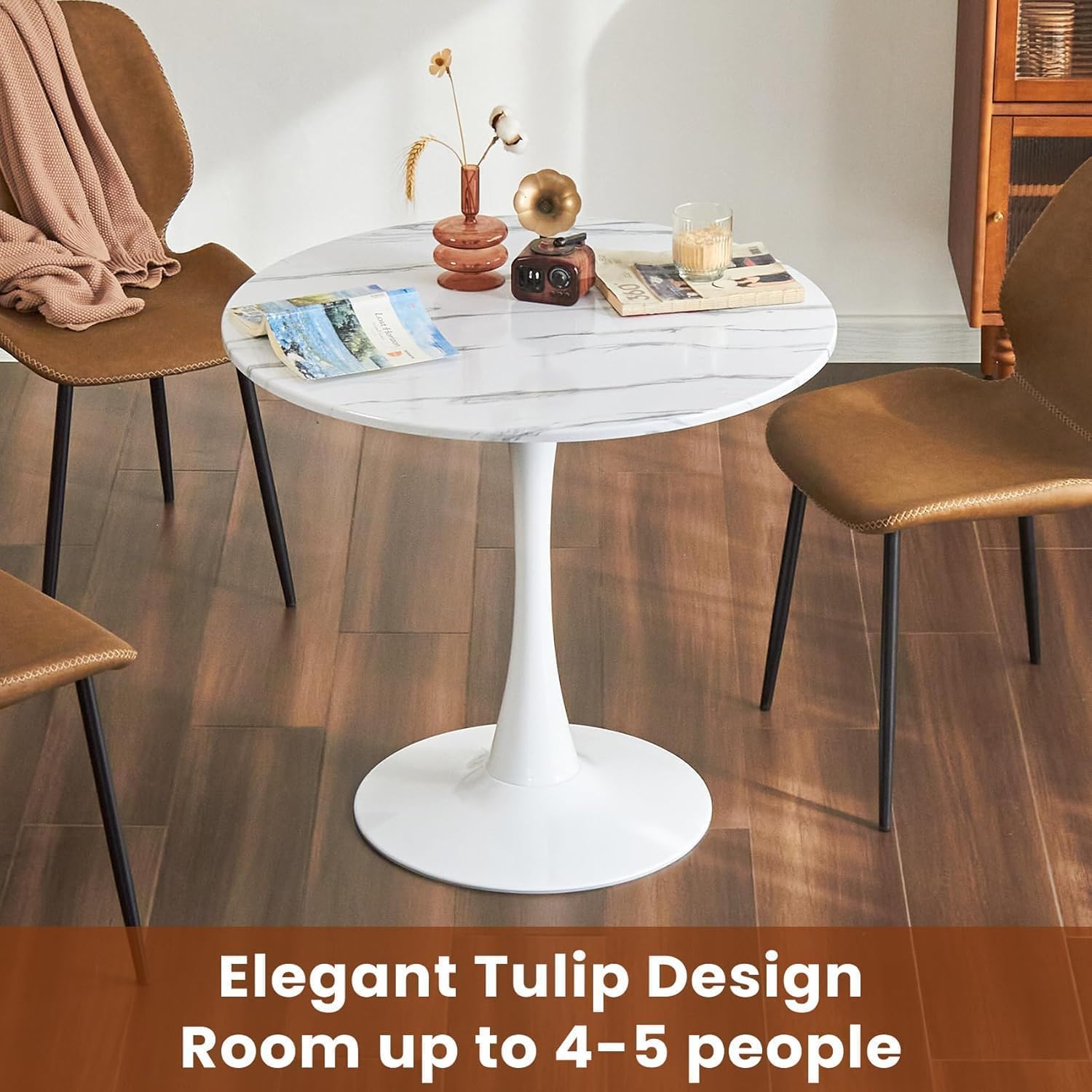 Round Dining Tulip Table for 4, Mid-Century Modern Table with Sturdy Metal Pedestal for Kitchen, Bistro, Cafe, Leisure (Faux Marble White, 31.5 INCH)