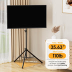 Tripod TV Stand for 25-70" TVs, Adjustable & Foldable, Black | ±15° Tilt, 5 Pillar Height, Maxi Load 110 lbs, Dual Safety Pins, Portable for Outdoors, Bedroom, Living Room