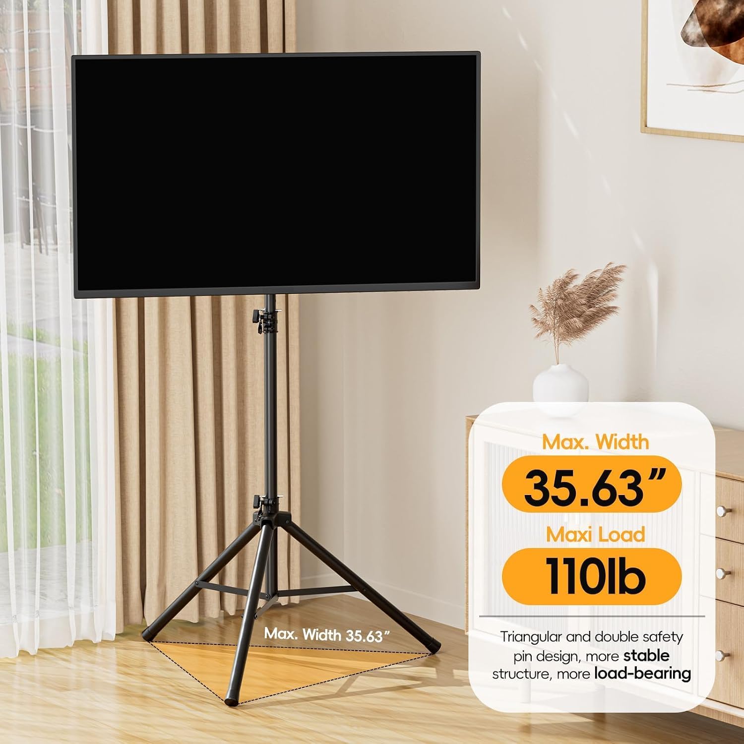 Tripod TV Stand for 25-70" TVs, Adjustable & Foldable, Black | ±15° Tilt, 5 Pillar Height, Maxi Load 110 lbs, Dual Safety Pins, Portable for Outdoors, Bedroom, Living Room