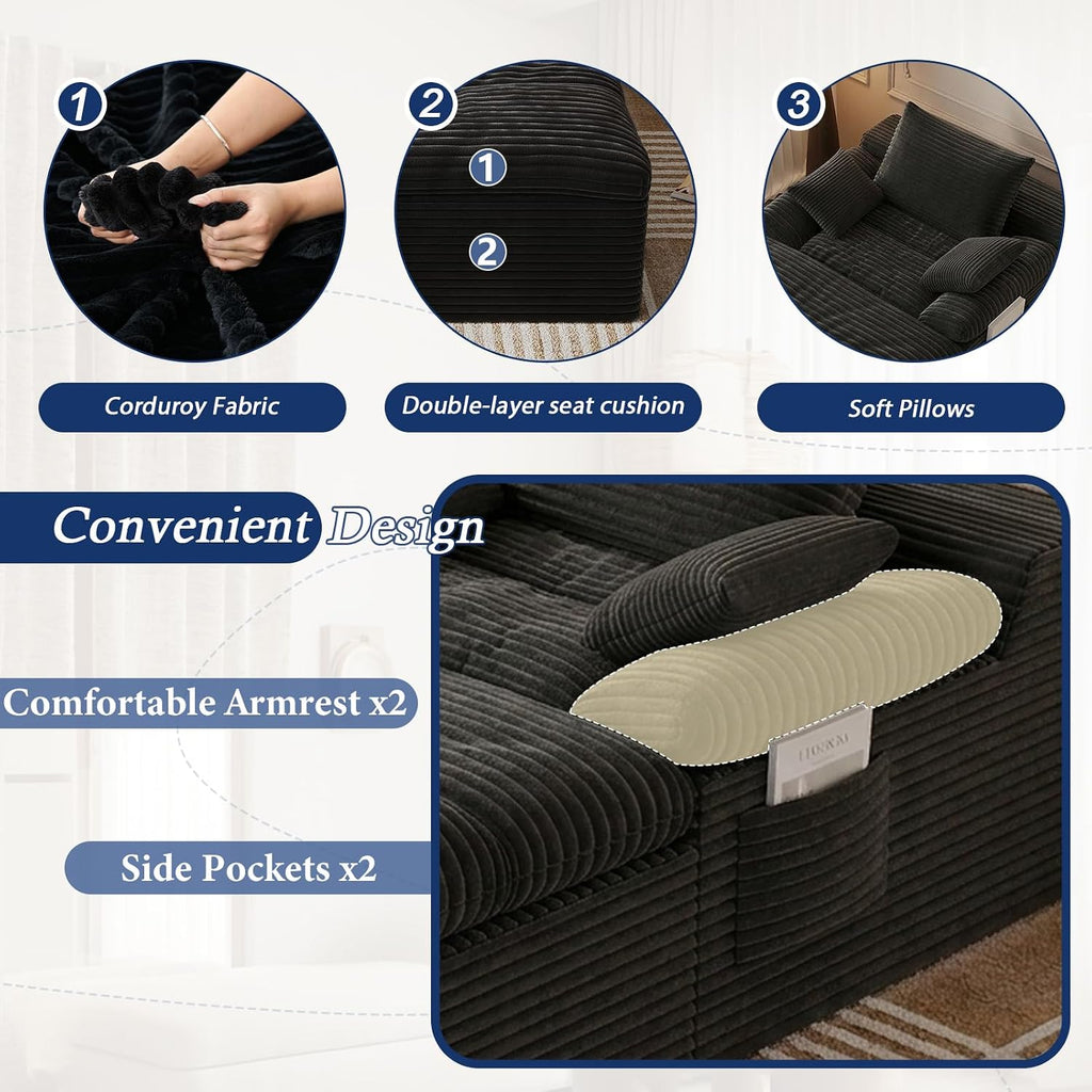 65" Chaise Lounge Chair Indoor, Oversized Chaise Lounge | No Assembly | Side Pockets| Corduroy Fabric | Extra deep seat | Double Cushion | for Living Room Bedroom Apartment | Black