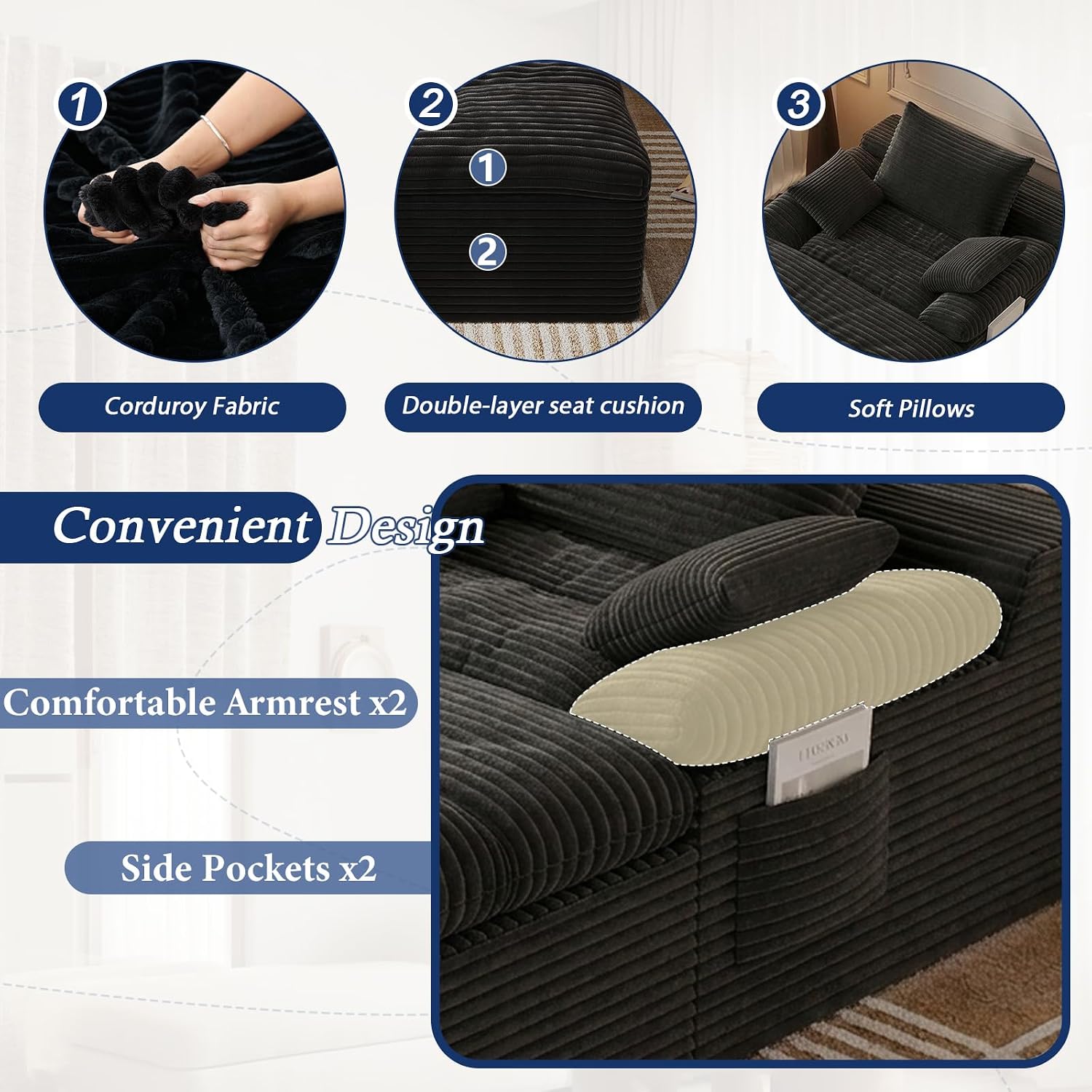 65" Chaise Lounge Chair Indoor, Oversized Chaise Lounge | No Assembly | Side Pockets| Corduroy Fabric | Extra deep seat | Double Cushion | for Living Room Bedroom Apartment | Black