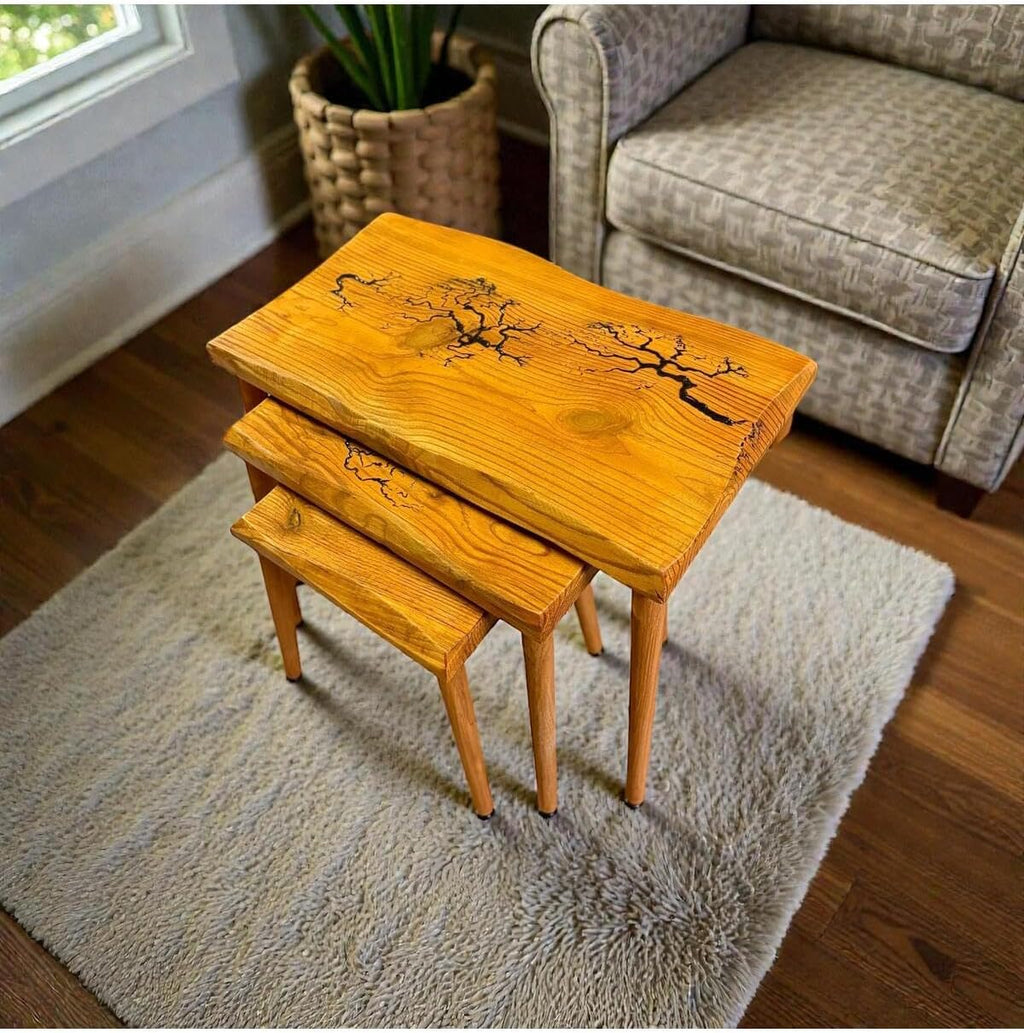 SODEF Handmade Oak Series Nesting Side Table Set - 3 Piece Retro Style Wood Tables - Unique Design, Rectangular Top - Living Room, Accent Furniture - Brown