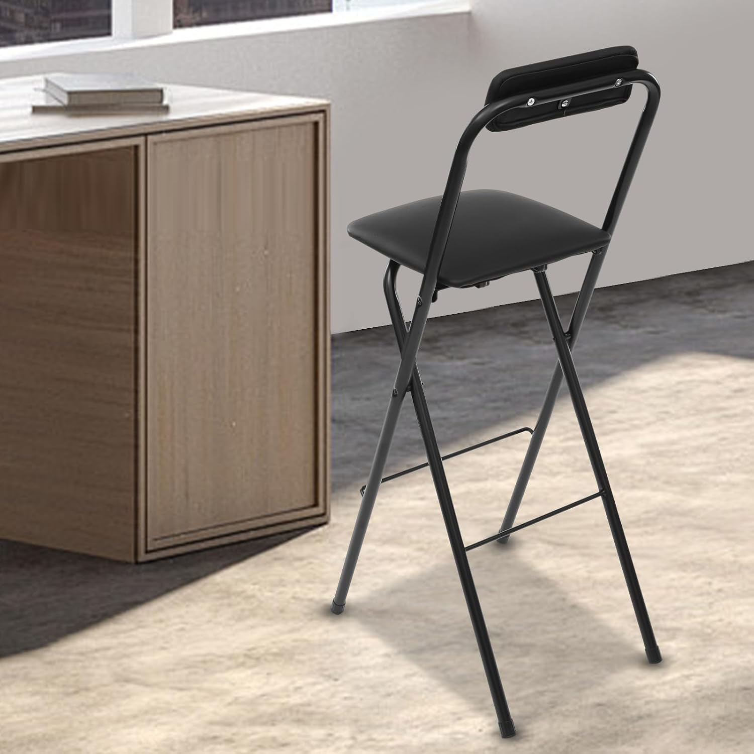 Folding Stool, Cushioned Padded Folding Stool Portable Bar Stool with Back for Camping Kitchen Home Office, Tall Bar Collapsible Stools (Black, 1Pcs 29.53in)