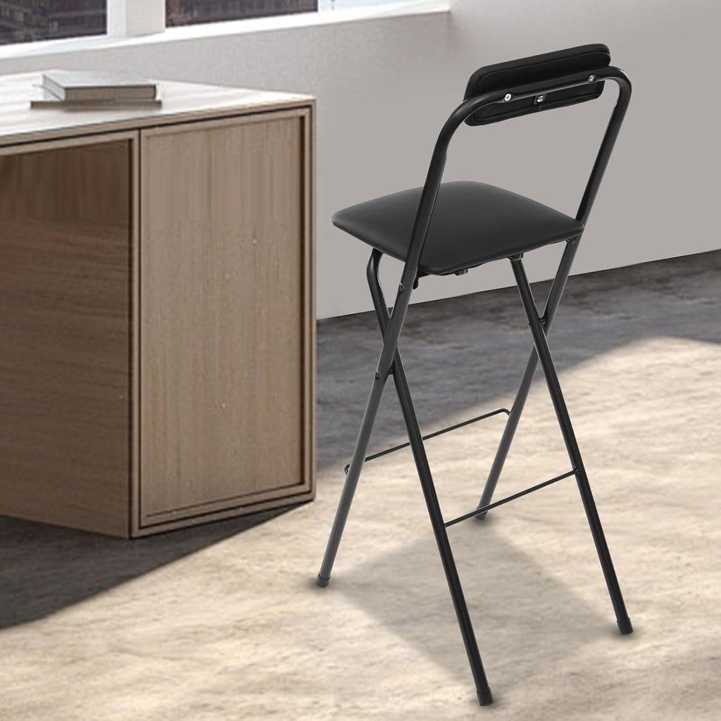 1 Pcs Folding Bar Stools, 29.5 Inch Portable Tall Chairs with Backrest, Carbon Steel Frame and PU Padded Seat for Kitchen, Cafe, Living Room, Camping (Black-2)