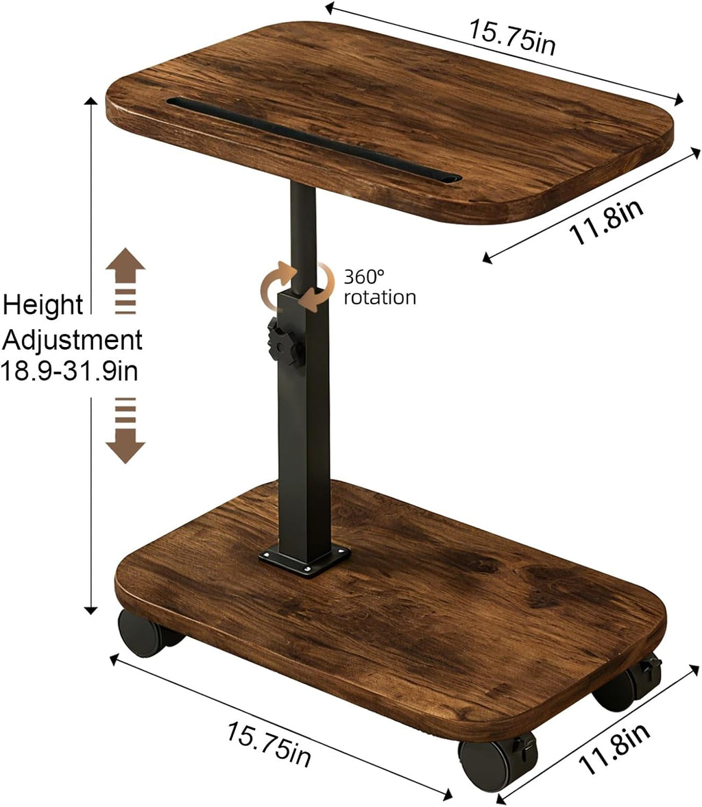 Adjustable TV Tray Side Table 360°Swivel Rolling, Rustic Brown | Adjustable Height, C Shaped, Snack End Table, Wheels, Tablet Slot, Slide Under Sofa, For Small Spaces Living Room Couch Bed