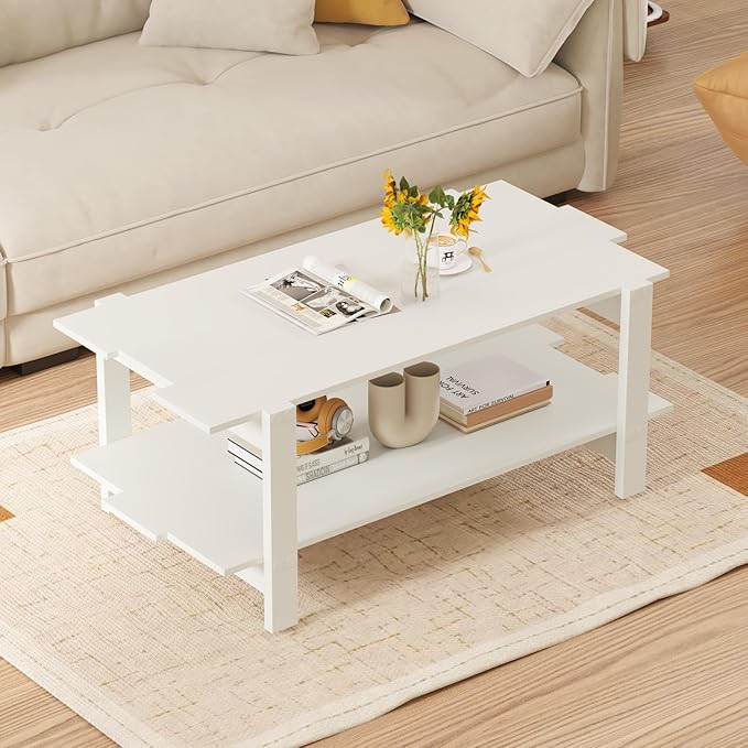 Giantex Coffee Table with Storage, 45 Inch Modern Center Table with Slatted Design & Side Rail Support, Rectangular Living Room Table for Small Spaces, White