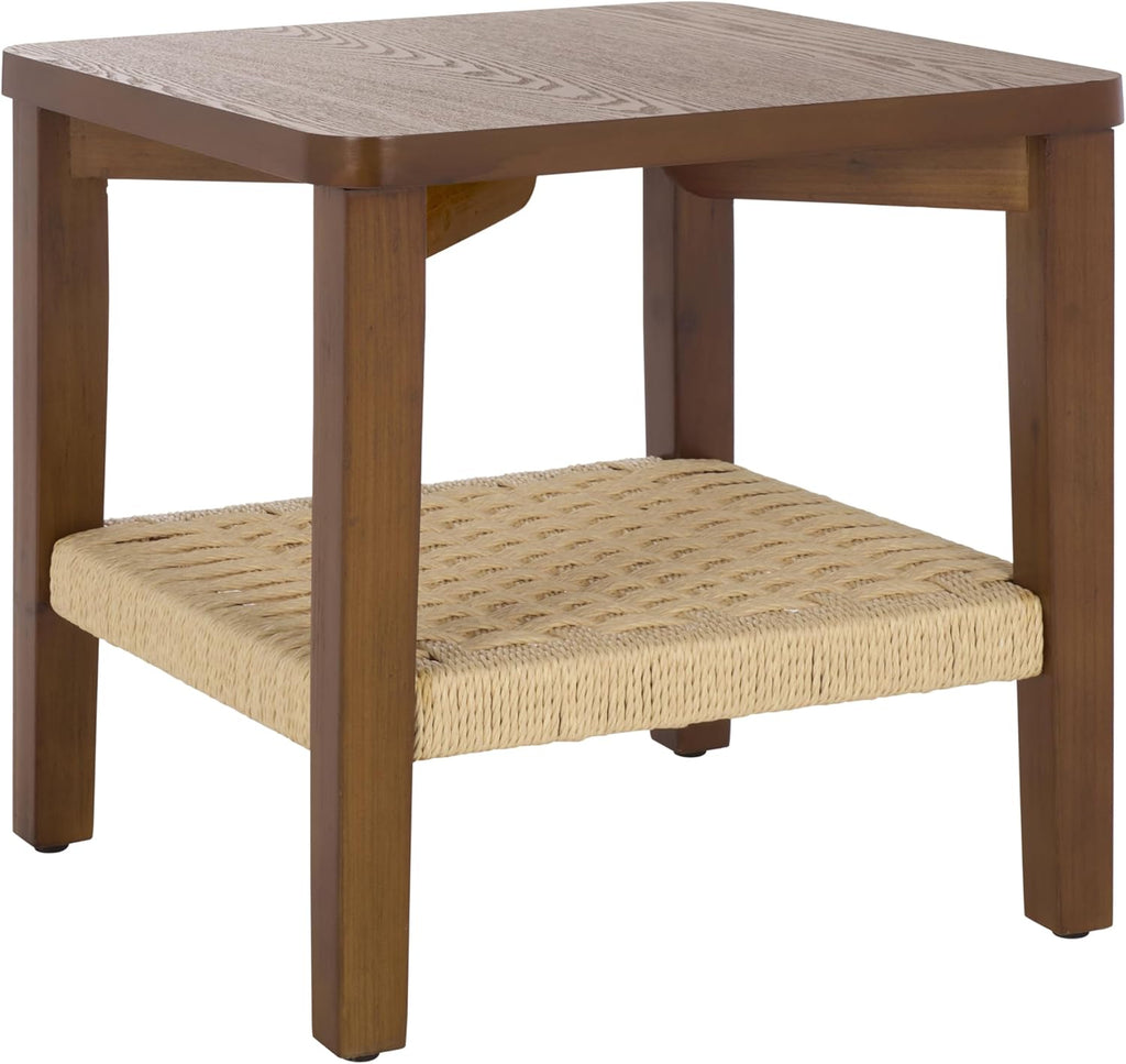 SAFAVIEH Home Collection - Raki End Table, Walnut Brown Square Accent Side Table with Woven Shelf (ACC2312A)
