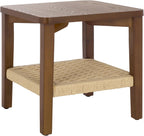 SAFAVIEH Home Collection - Raki End Table, Walnut Brown Square Accent Side Table with Woven Shelf (ACC2312A)