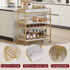 BON AUGURE Gold Bar Cart on Wheels for Home with Wine Rack & Glass Holders | 3-Tier, Rolling Serving Cart for liquor, Wine and Beverages, Lockable Mobile Wheels for Home Bars, Faux Marble+ Gold Frame