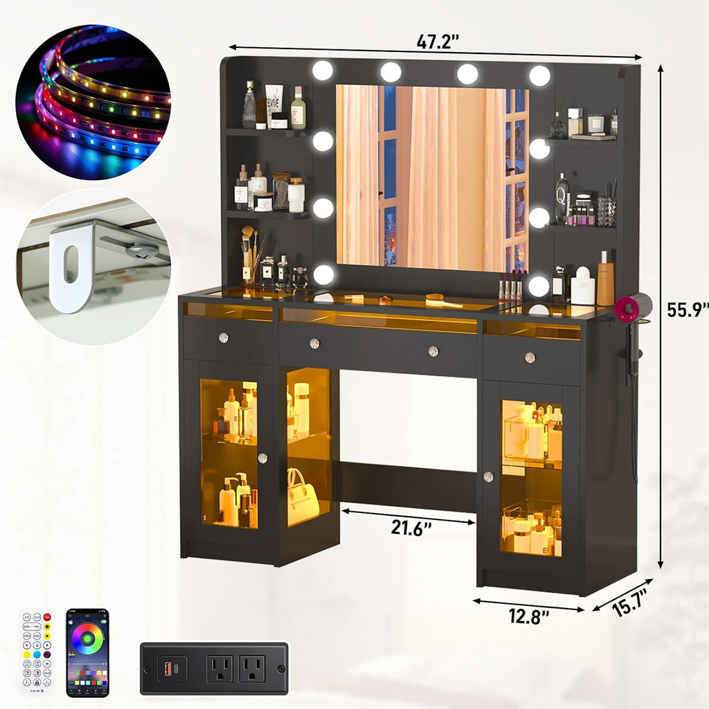 Vanity Desk W/6000-Colors Light&Power Outlet,Makeup Vanity Desk W/LED Mirror and Lights 3 Colors,Transparent GlassTop W/3 RGB Drawers,Hair Tool Holder,2 Large Tempered Cabinets for Bedroom(Black 2)