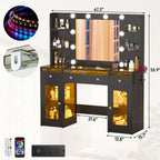 Vanity Desk W/6000-Colors Light&Power Outlet,Makeup Vanity Desk W/LED Mirror and Lights 3 Colors,Transparent GlassTop W/3 RGB Drawers,Hair Tool Holder,2 Large Tempered Cabinets for Bedroom(Black 2)