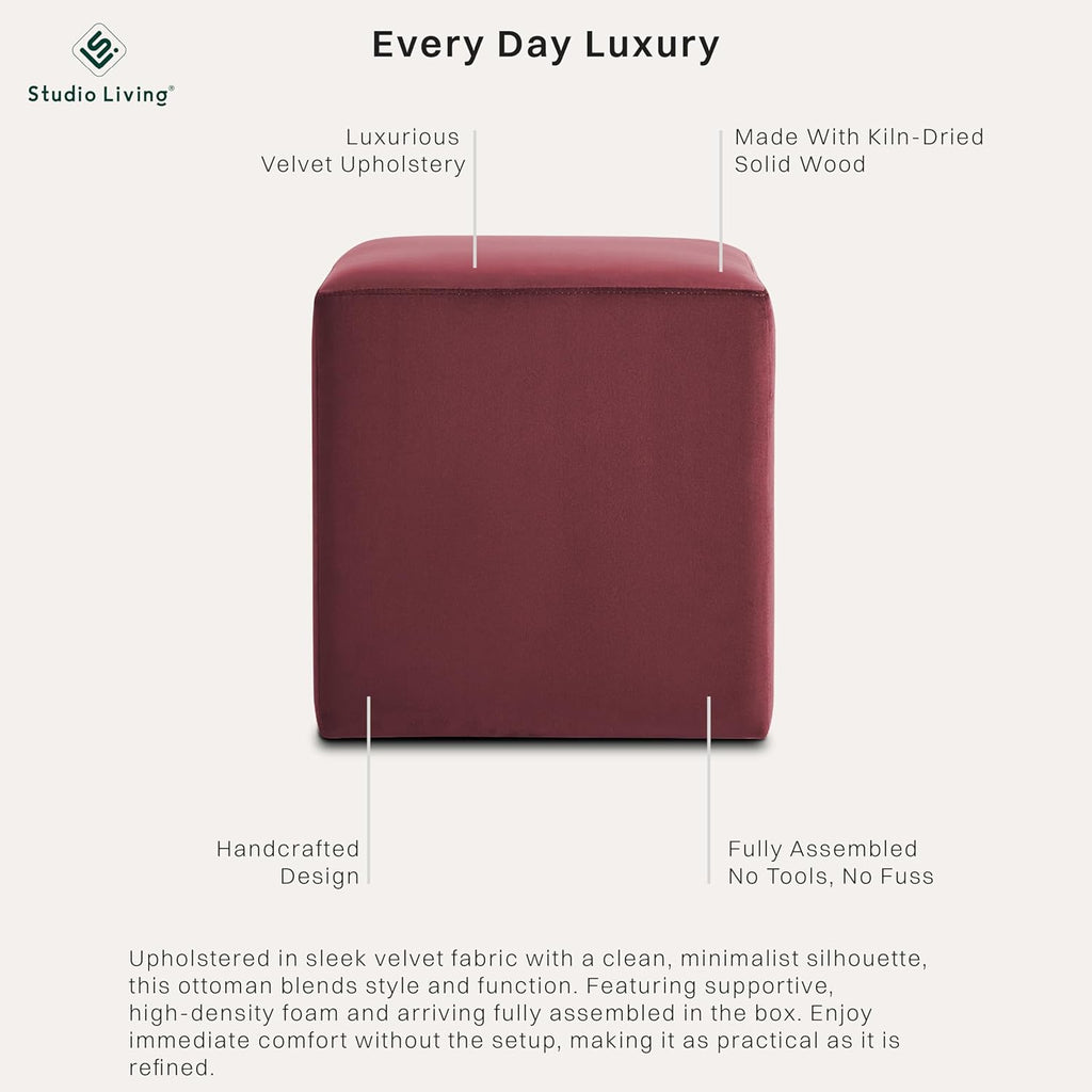 Studio Living® 18” Warren Ottoman Square Soft Velvet Bench, Stationary Ottomans, Backless Chair, Footrest for Living Room, Footstool Office, Bedroom, Padded Seat, Plum