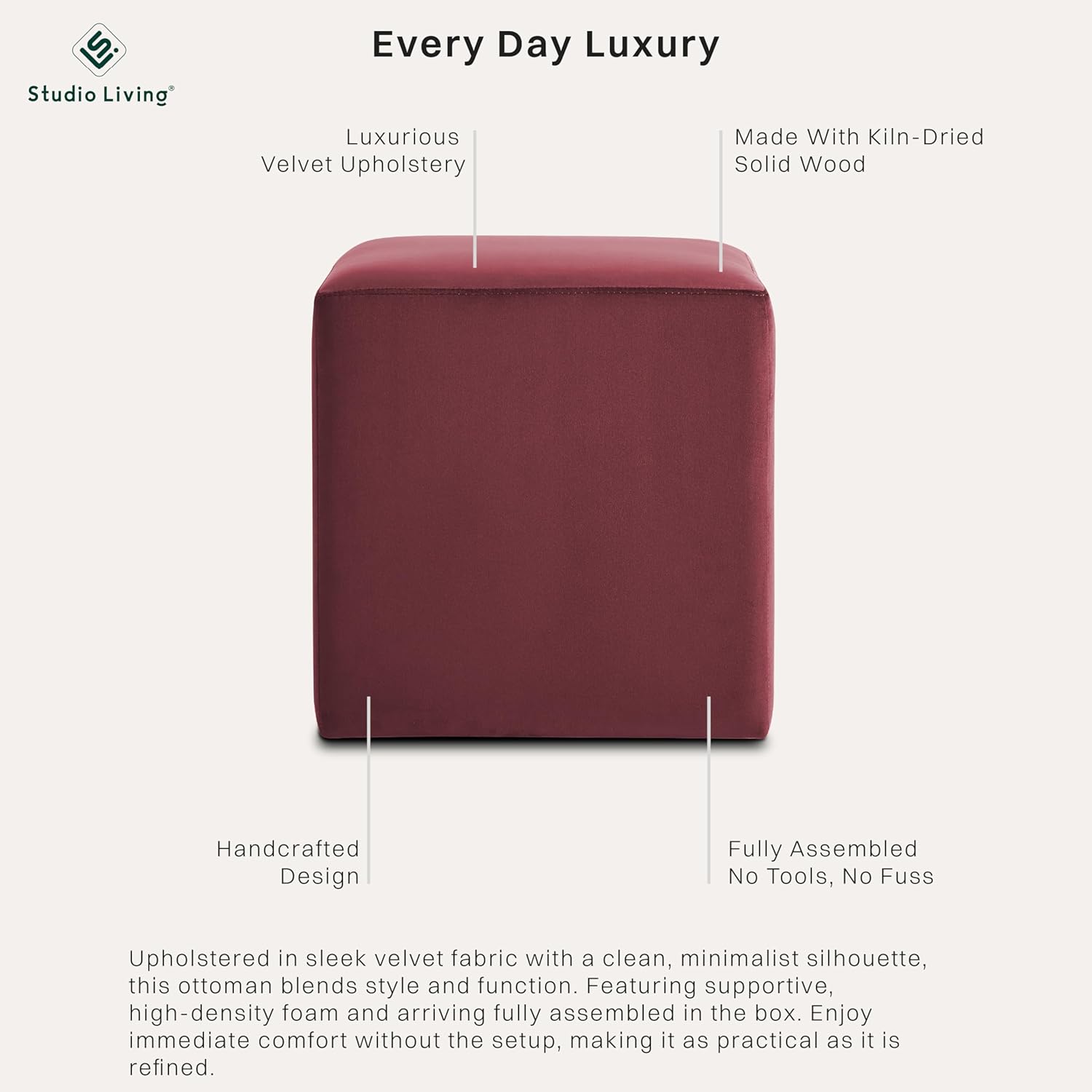 Studio Living® 18” Warren Ottoman Square Soft Velvet Bench, Stationary Ottomans, Backless Chair, Footrest for Living Room, Footstool Office, Bedroom, Padded Seat, Plum