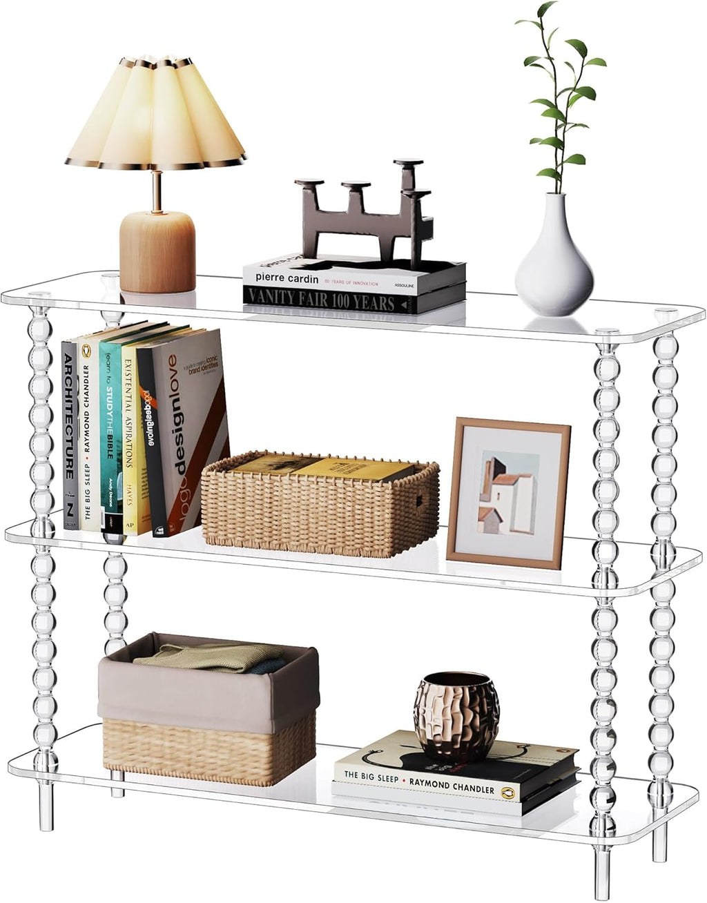 Acrylic Clear Console Table for Entryway, 3-Tier Sofa Table Bookshelf, Low Bookcase with Open Storage Shelves, (Clear, 31.5"×11.8“×28.6”)