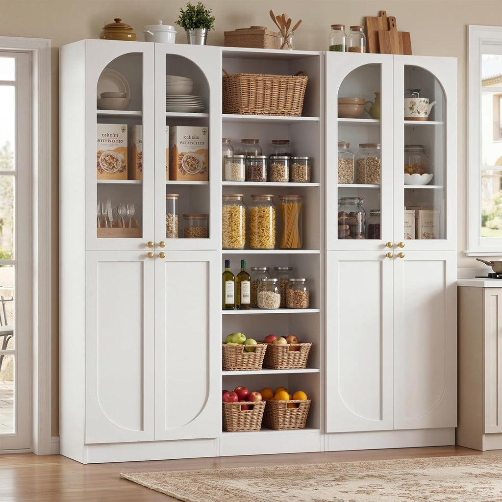 Cyclysio 80" Tall Pantry System with 4 Tempered Glass Doors, Arched Corner Pantries with 6-Tier Open Shelves, Wooden Cupboard Storage Organizer with Baseboard Cutout for Living Room
