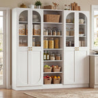Cyclysio 80" Tall Pantry System with 4 Tempered Glass Doors, Arched Corner Pantries with 6-Tier Open Shelves, Wooden Cupboard Storage Organizer with Baseboard Cutout for Living Room