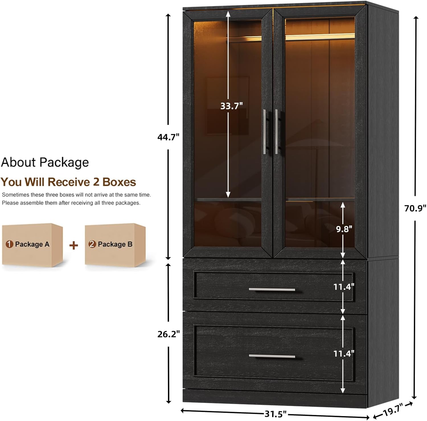 PAKASEPT Armoire Wardrobe Closet with Glass Door and Drawers, Bedroom Closet Wardrobe Cabinet with Hanging Rod, Lighted Freestanding Armoire Storage Cabinet for Bedroom Cloakroom