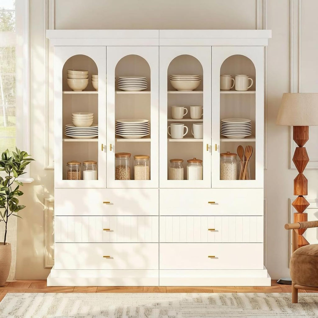 71" Arched Kitchen Cabinet, Double Glass Door Display and Storage Cabinets with Drawers, Modern Pantry for Dining Room and Living Room, White with Gold Handles, 2 of Set