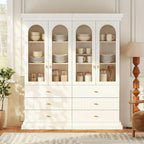 71" Arched Kitchen Cabinet, Double Glass Door Display and Storage Cabinets with Drawers, Modern Pantry for Dining Room and Living Room, White with Gold Handles, 2 of Set